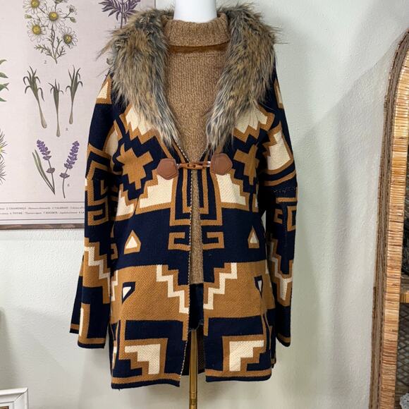 Vintage Aztec Faux Fur Collar Sweater Jacket Southwestern Cowgirl Boho Western M - Picture 1 of 7
